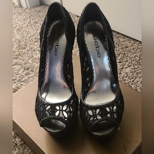 Bebe Size 6 Black Stileto Lace Peep Toe 5 Inch Heels- Good Condition